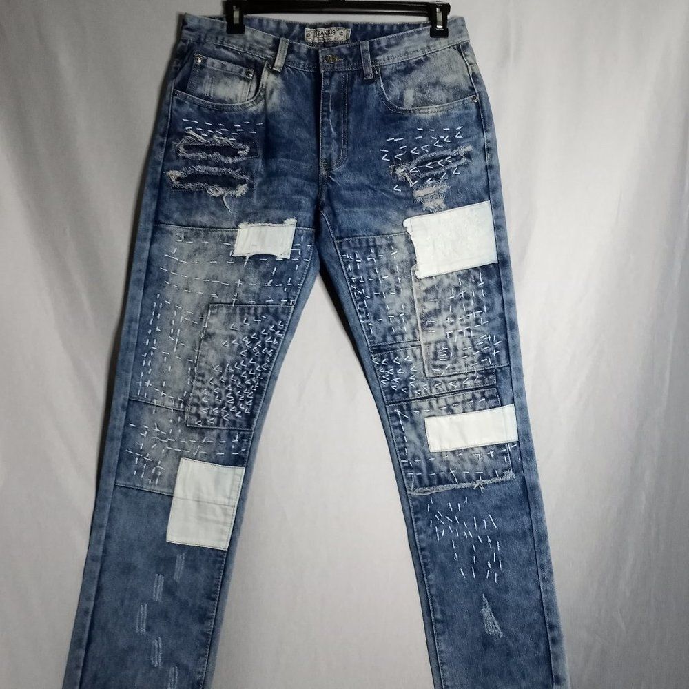 Akademiks Jeanius Men's Distressed Straight Leg Stitch Patches Jeans Size 34X32